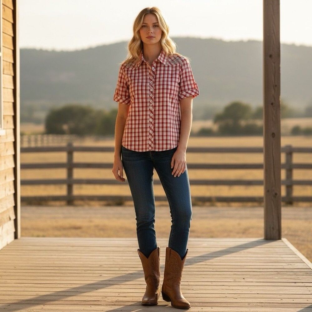 Bit & Bridle Pearl Snap Plaid Shirt womens M Western Top Embroidered Cowgirl